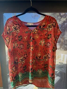 Vintage Maison d’Amélie Floral V-Neck Blouse with Green Border